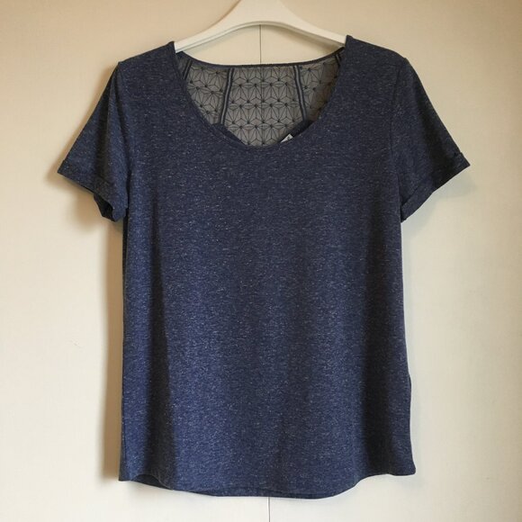 Independence Blue Heathered Linen Blend Diamond Lace Back Tee - Picture 1 of 12